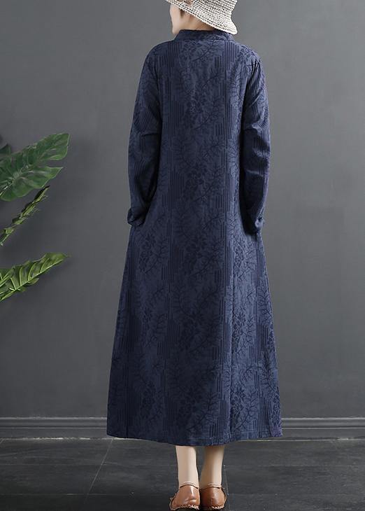 Bohemian Stand Collar dress Blue Jacquard Maxi Dresses - SooLinen