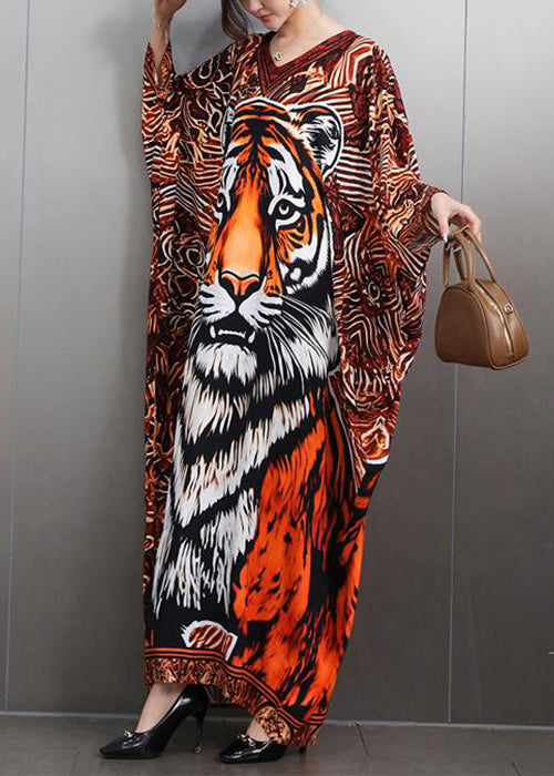 Bohemian V Neck Animal Print Maxi Dresses Batwing Sleeve