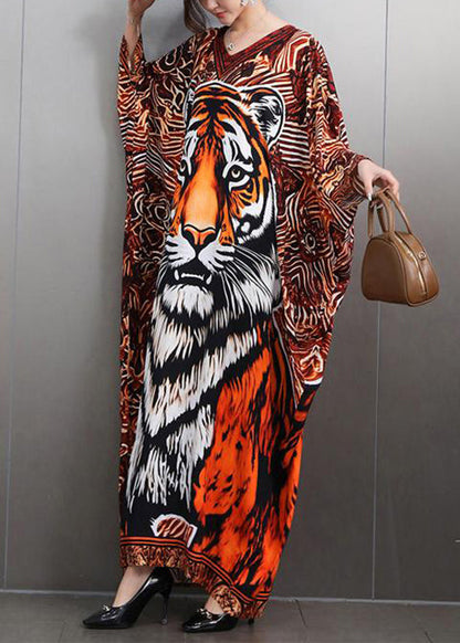 Bohemian V Neck Animal Print Maxi Dresses Batwing Sleeve