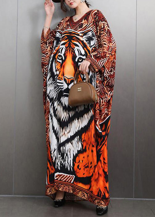 Bohemian V Neck Animal Print Maxi Dresses Batwing Sleeve