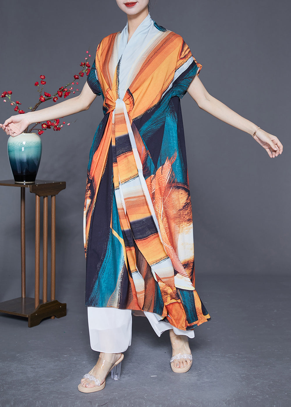 Bohemian V Neck Lace Up Print Silk Holiday Dress Summer