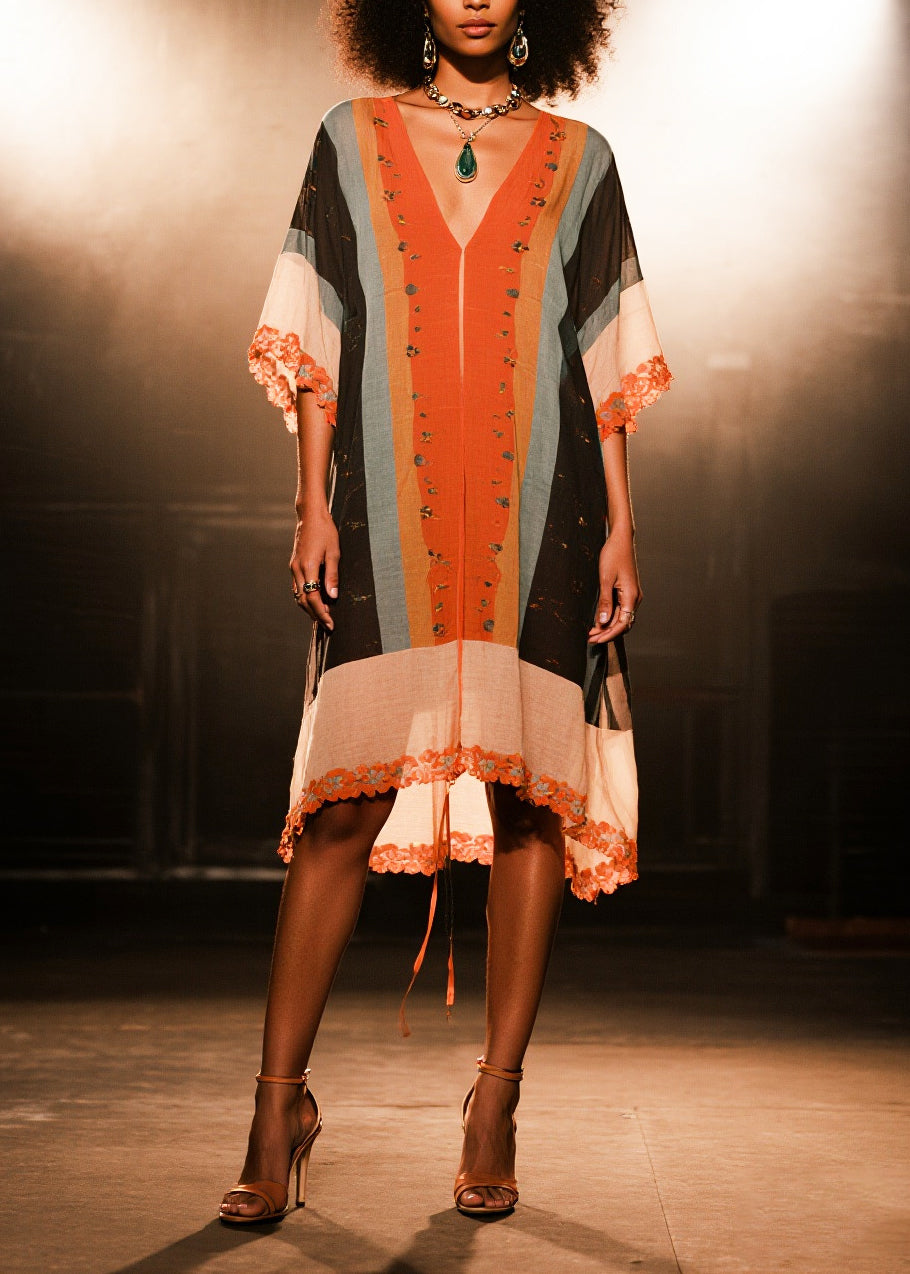 Bohemian V Neck Print Cotton Beach Dress Half Sleeve