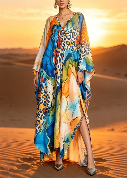 Bohemian V Neck Print Cotton Vacation Maxi Dresses Batwing Sleeve