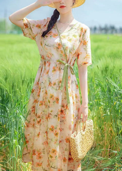 Bohemian V Neck Print Drawstring Linen Dresses Summer