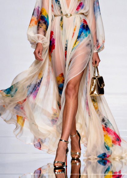 Bohemian V Neck Side Open Print Cotton Robe Dresses Spring