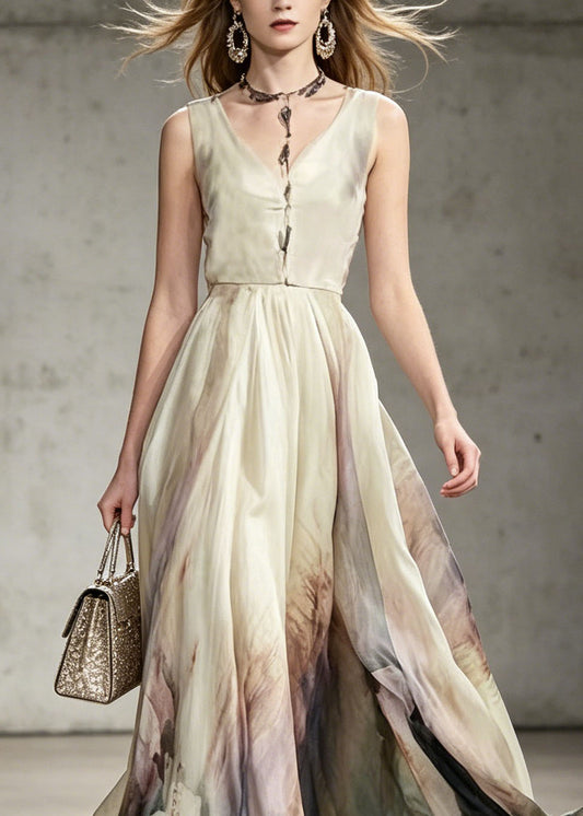 Bohemian V Neck Tie Dye Chiffon Maxi Dresses Sleeveless