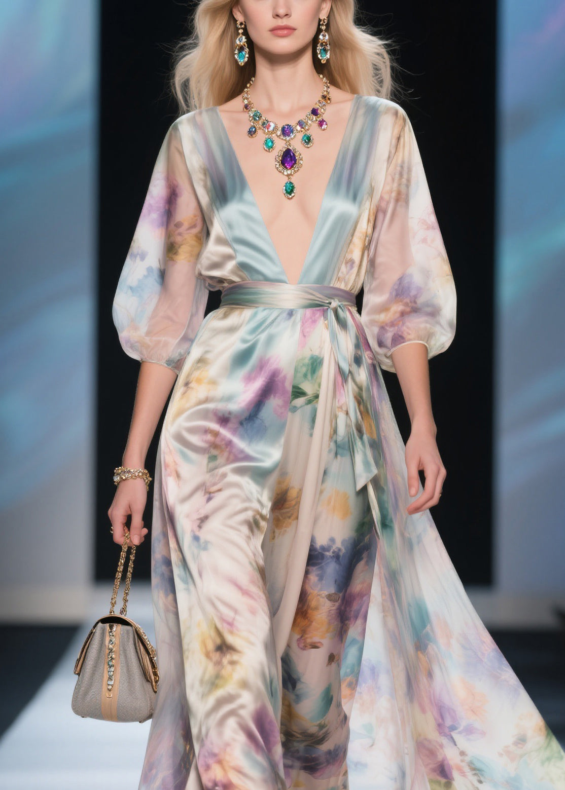 Bohemian V Neck Tie Waist Silk Maxi Dress Summer