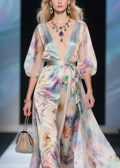 Bohemian V Neck Tie Waist Silk Maxi Dress Summer