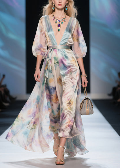 Bohemian V Neck Tie Waist Silk Maxi Dress Summer