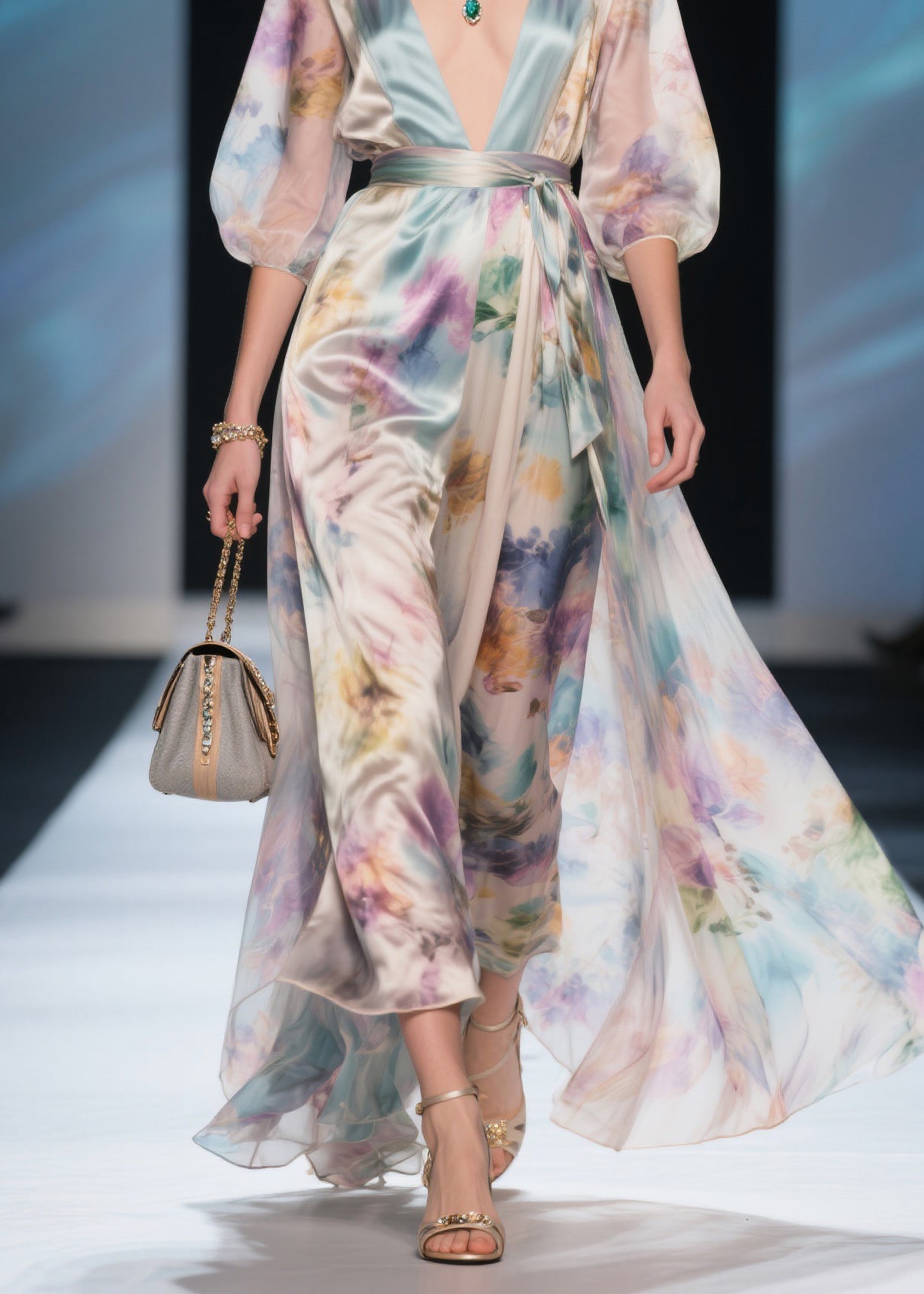 Bohemian V Neck Tie Waist Silk Maxi Dress Summer