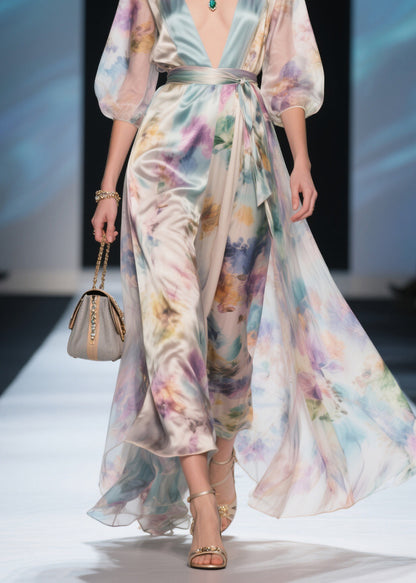 Bohemian V Neck Tie Waist Silk Maxi Dress Summer