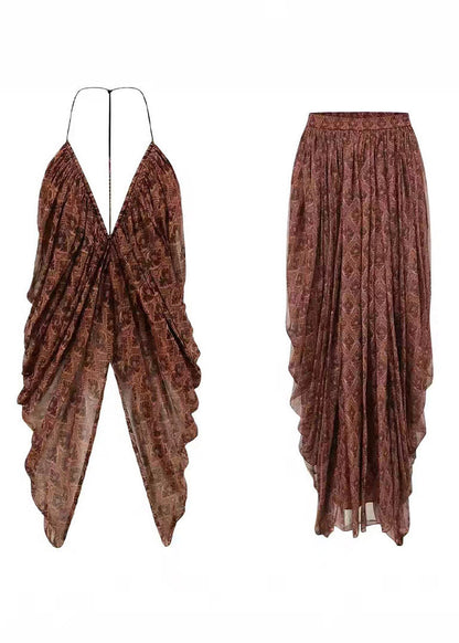 Bohemian V Neck Top And A Line Skirts Two Pieces Set Summer