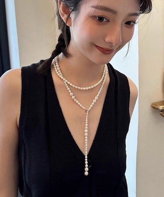 Bohemian White Alloy Pearl Beading Sweater Gratuated Bead Necklace