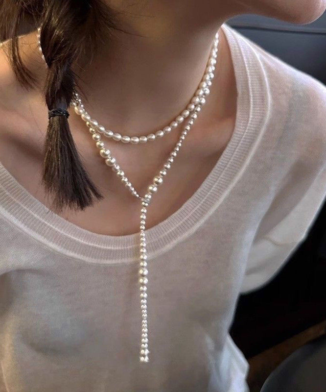 Bohemian White Alloy Pearl Beading Sweater Gratuated Bead Necklace