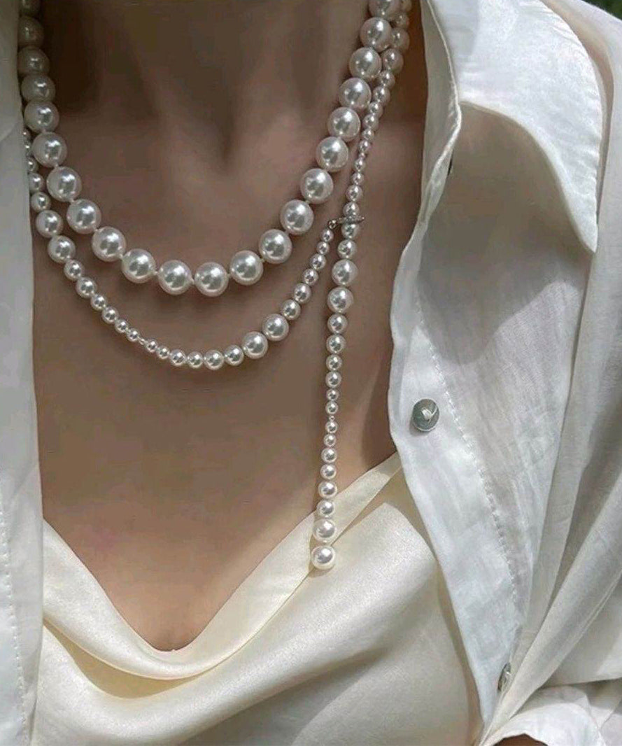 Bohemian White Alloy Pearl Beading Sweater Gratuated Bead Necklace