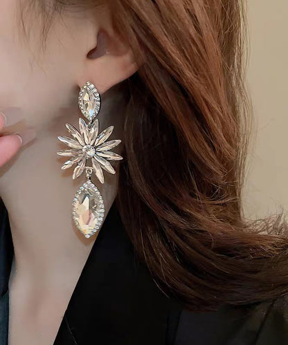 Bohemian White Alloy Zircon Floral Water Droplet Drop Earrings