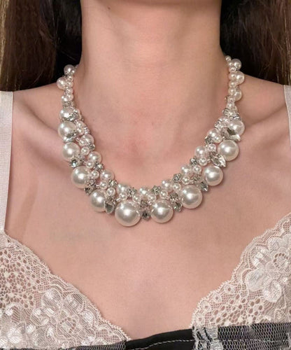 Bohemian White Alloy Zircon Pearl Beading Collar Necklace