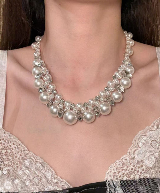 Bohemian White Alloy Zircon Pearl Beading Collar Necklace