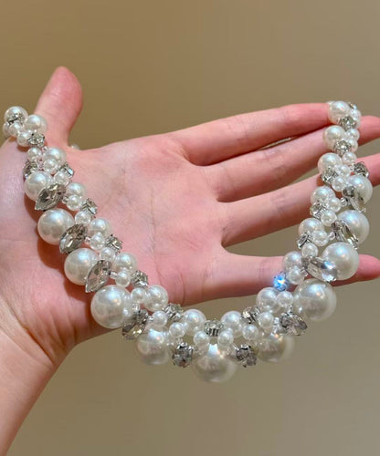 Bohemian White Alloy Zircon Pearl Beading Collar Necklace