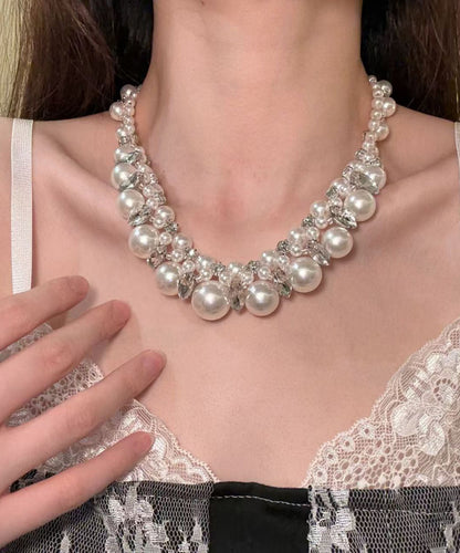 Bohemian White Alloy Zircon Pearl Beading Collar Necklace