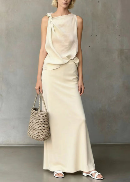 Bohemian White Asymmetrical Shoulder Knotted Cotton Two Pieces Set Sleeveless