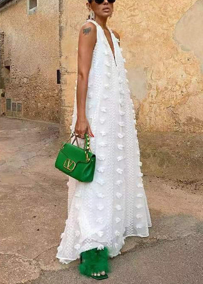 Bohemian White Backless Ribbon Floral Maxi Dress Sleeveless