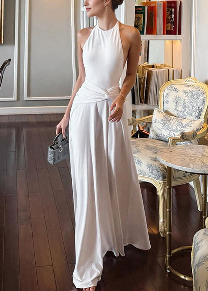 Bohemian White Backless Wrinkled Lace Up Cotton Long Dress Sleeveless