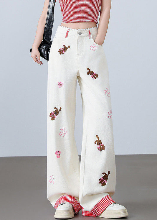 Bohemian White Bear Embroidered Denim Straight Pants Summer