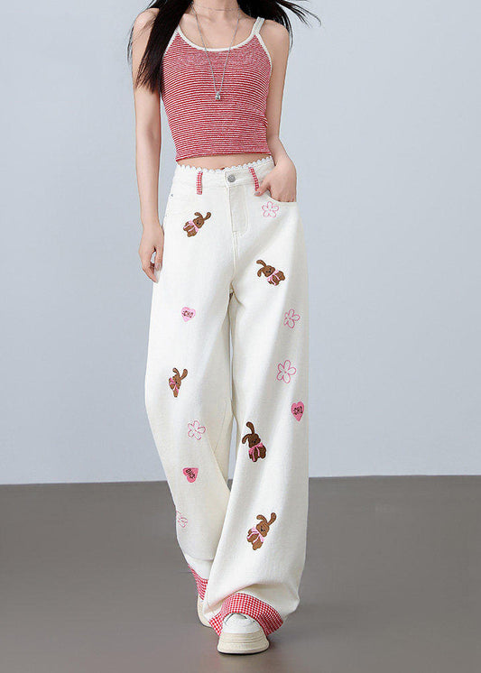Bohemian White Bear Embroidered Denim Straight Pants Summer