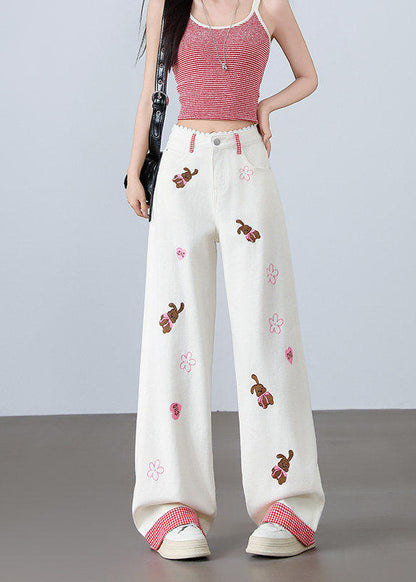 Bohemian White Bear Embroidered Denim Straight Pants Summer