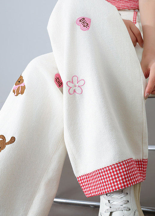Bohemian White Bear Embroidered Denim Straight Pants Summer