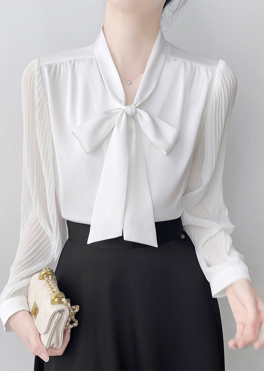 Bohemian White Bow Draping Chiffon Pleated Shirts Spring