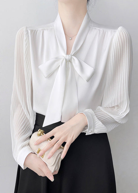 Bohemian White Bow Draping Chiffon Pleated Shirts Spring