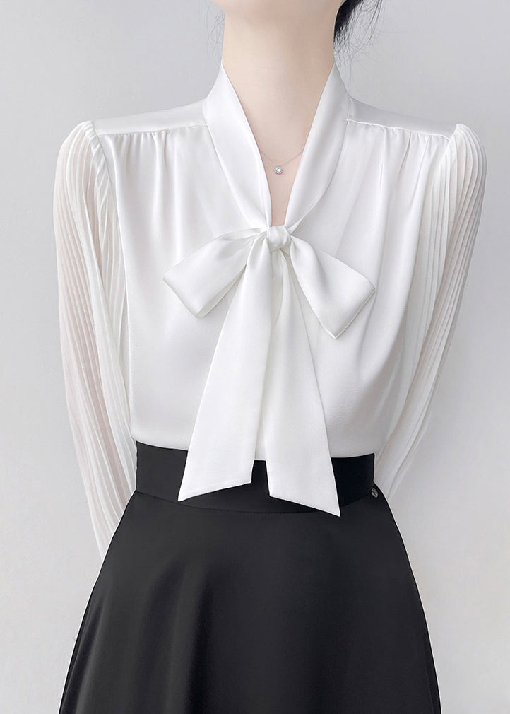 Bohemian White Bow Draping Chiffon Pleated Shirts Spring