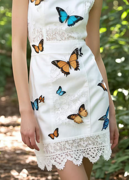 Bohemian White Butterfly Patchwork Lace Wraped Dress Sleeveless