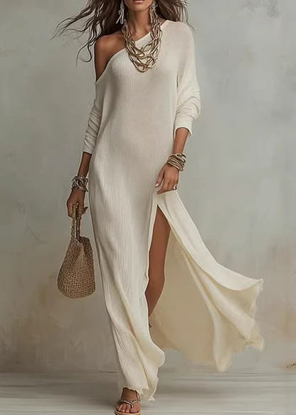 Bohemian White Cold Shoulder Side Open Cotton Maxi Dresses Summer