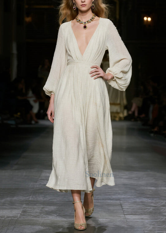 Bohemian White Deep-V Neck Cotton Dress Lantern Sleeve