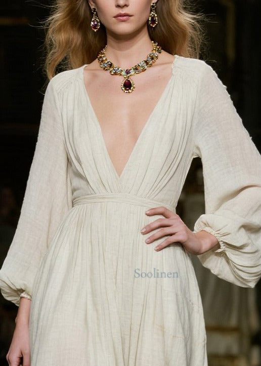Bohemian White Deep-V Neck Cotton Dress Lantern Sleeve