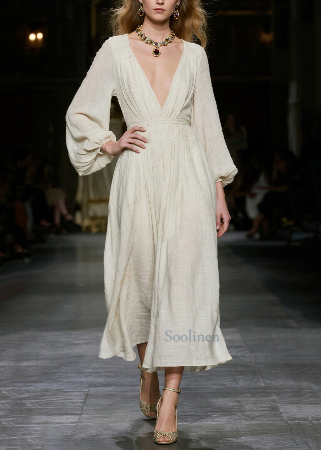 Bohemian White Deep-V Neck Cotton Dress Lantern Sleeve