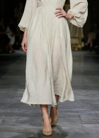 Bohemian White Deep-V Neck Cotton Dress Lantern Sleeve