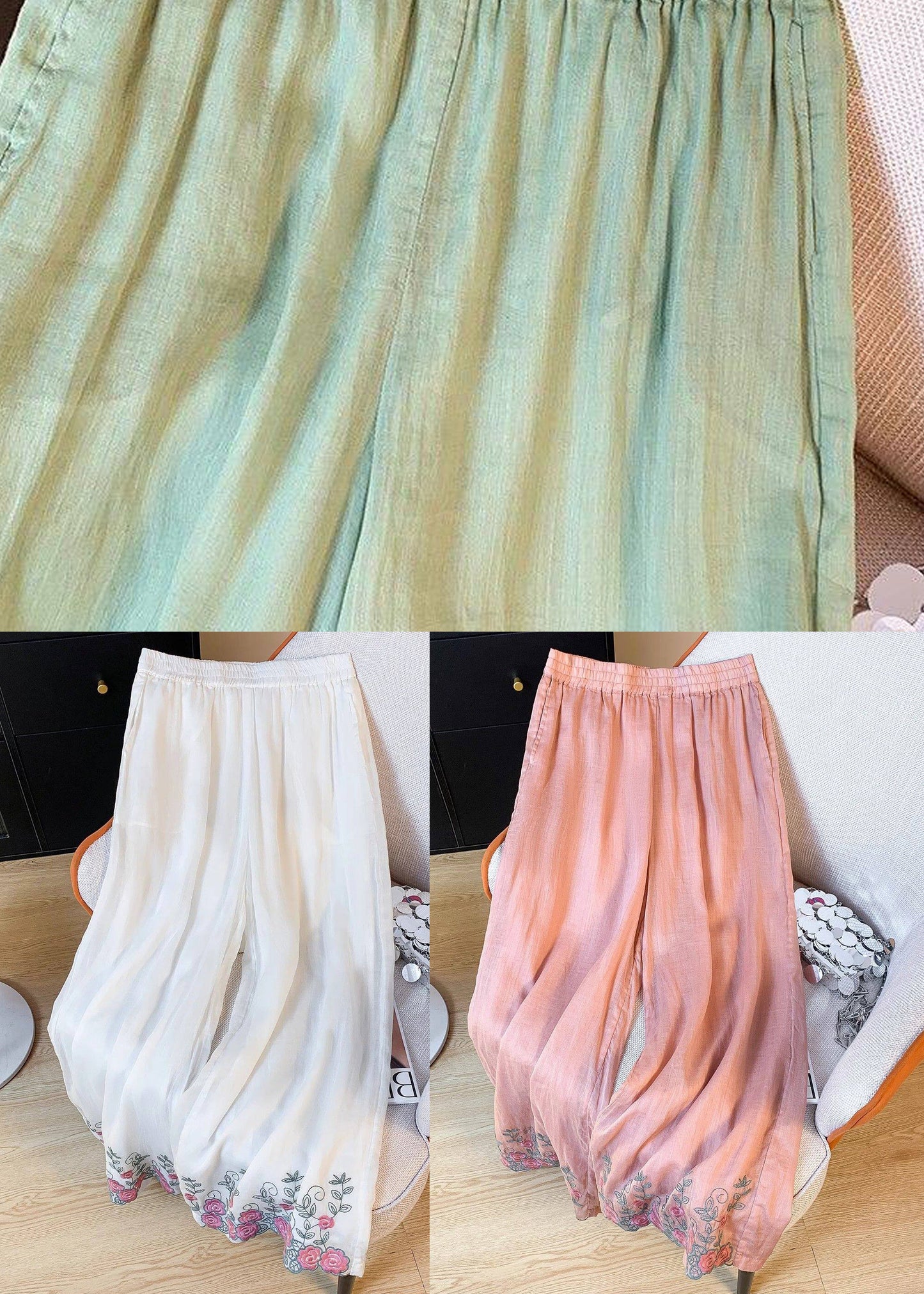 Bohemian White Embroidered Elastic Waist Silk Pants Summer