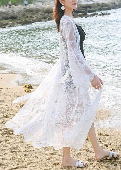 Bohemian White Embroidered Tie Waist Lace Loose Cardigans Summer