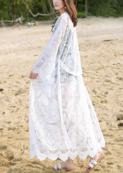 Bohemian White Embroidered Tie Waist Lace Loose Cardigans Summer