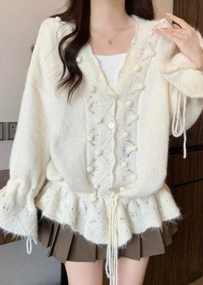 Bohemian White Fuzzy Ball Decorated Drawstring Knit Cardigans Fall
