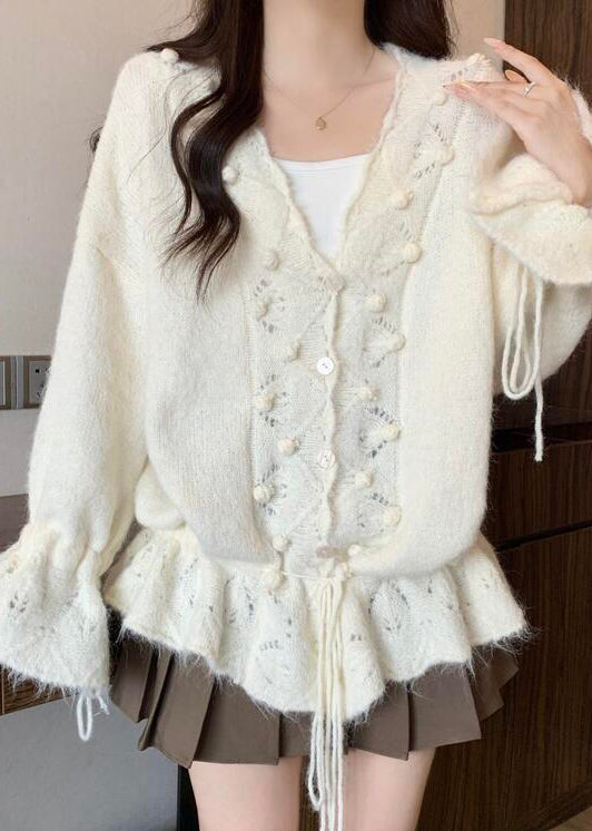 Bohemian White Fuzzy Ball Decorated Drawstring Knit Cardigans Fall