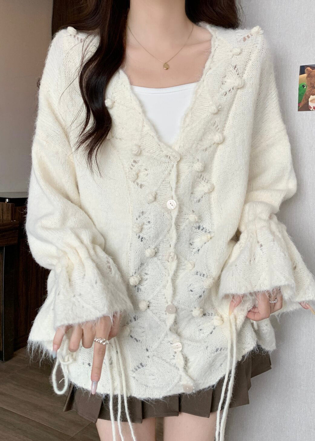 Bohemian White Fuzzy Ball Decorated Drawstring Knit Cardigans Fall