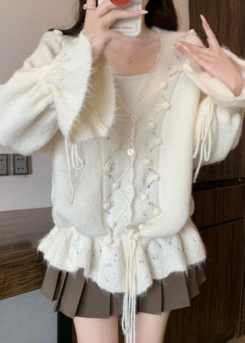 Bohemian White Fuzzy Ball Decorated Drawstring Knit Cardigans Fall
