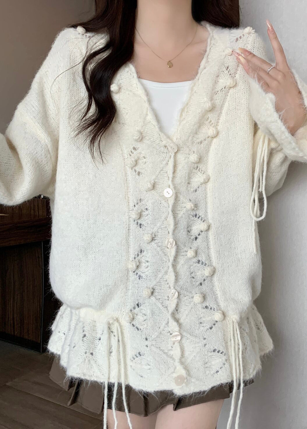 Bohemian White Fuzzy Ball Decorated Drawstring Knit Cardigans Fall