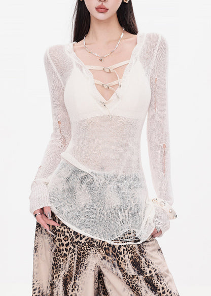 Bohemian White Hollow Out Knit Top Spring