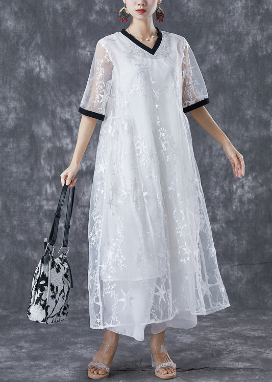 Bohemian White Hollow Out Patchwork Star Print Tulle Maxi Dress Summer